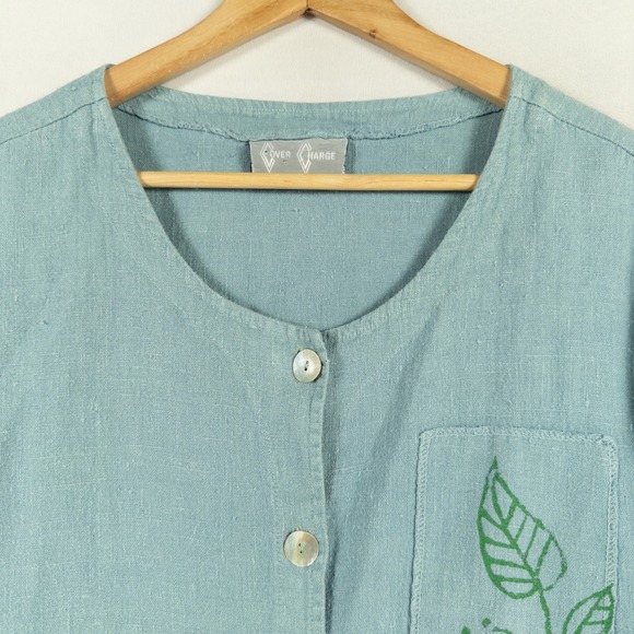 Cover Charge Shirt Womens One Size Blue Linen Button Up Patches Artsy Cottage - Picture 2 of 12